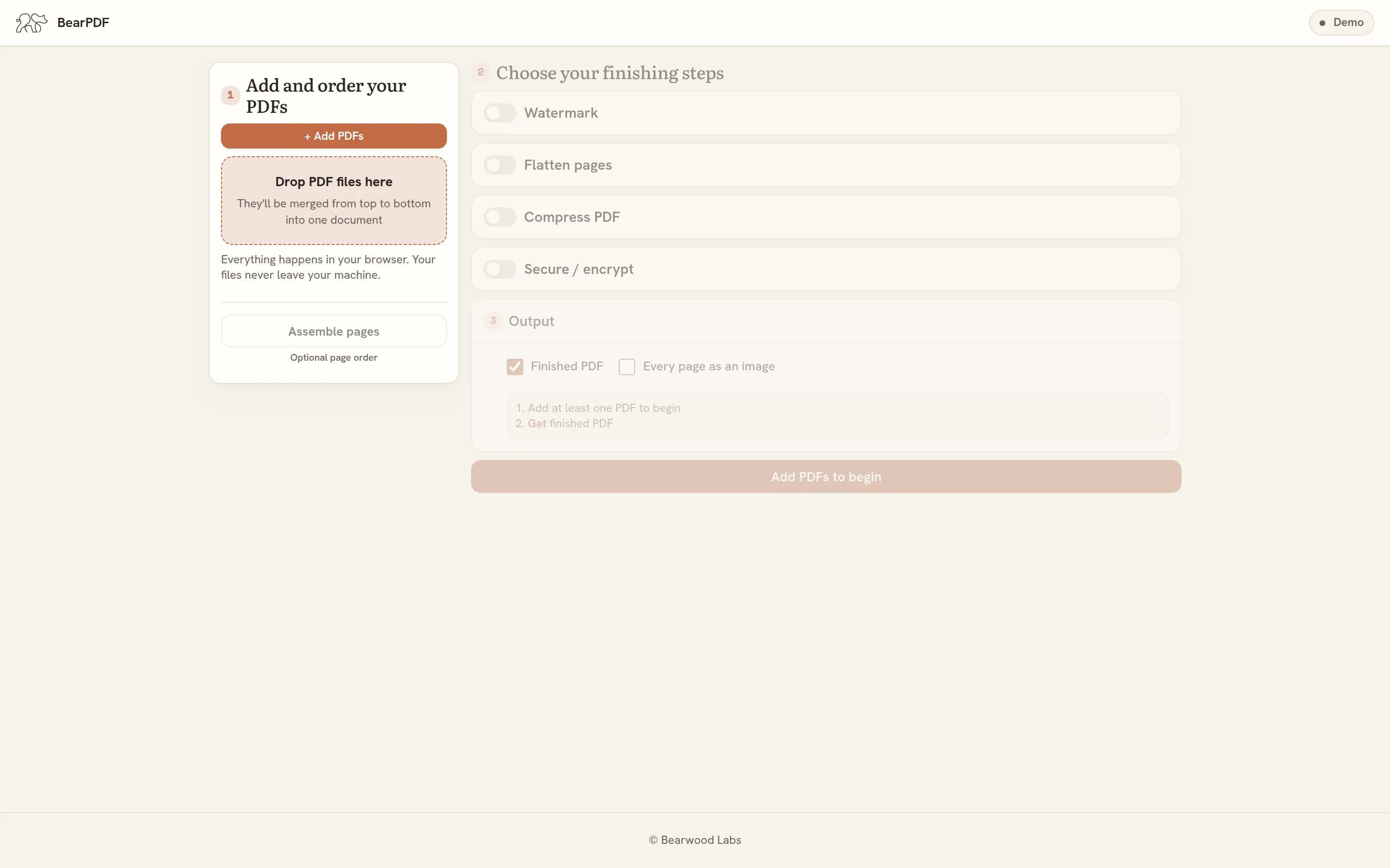 The empty BearPDF app before any files have been added, with the finishing steps greyed out.