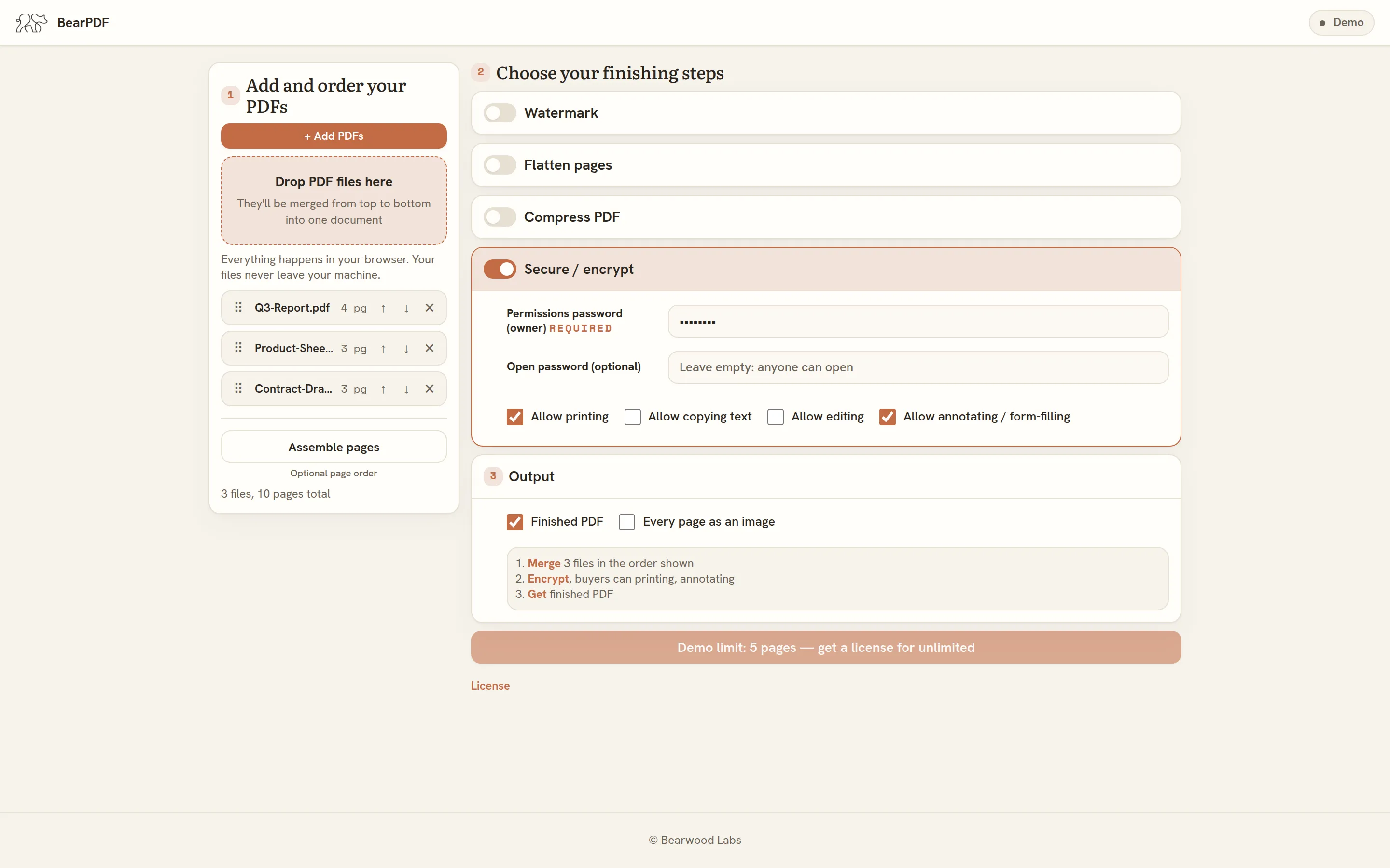 The Secure / encrypt panel with a required permissions password, an optional open password, and permission checkboxes for printing, copying, editing, and annotating.