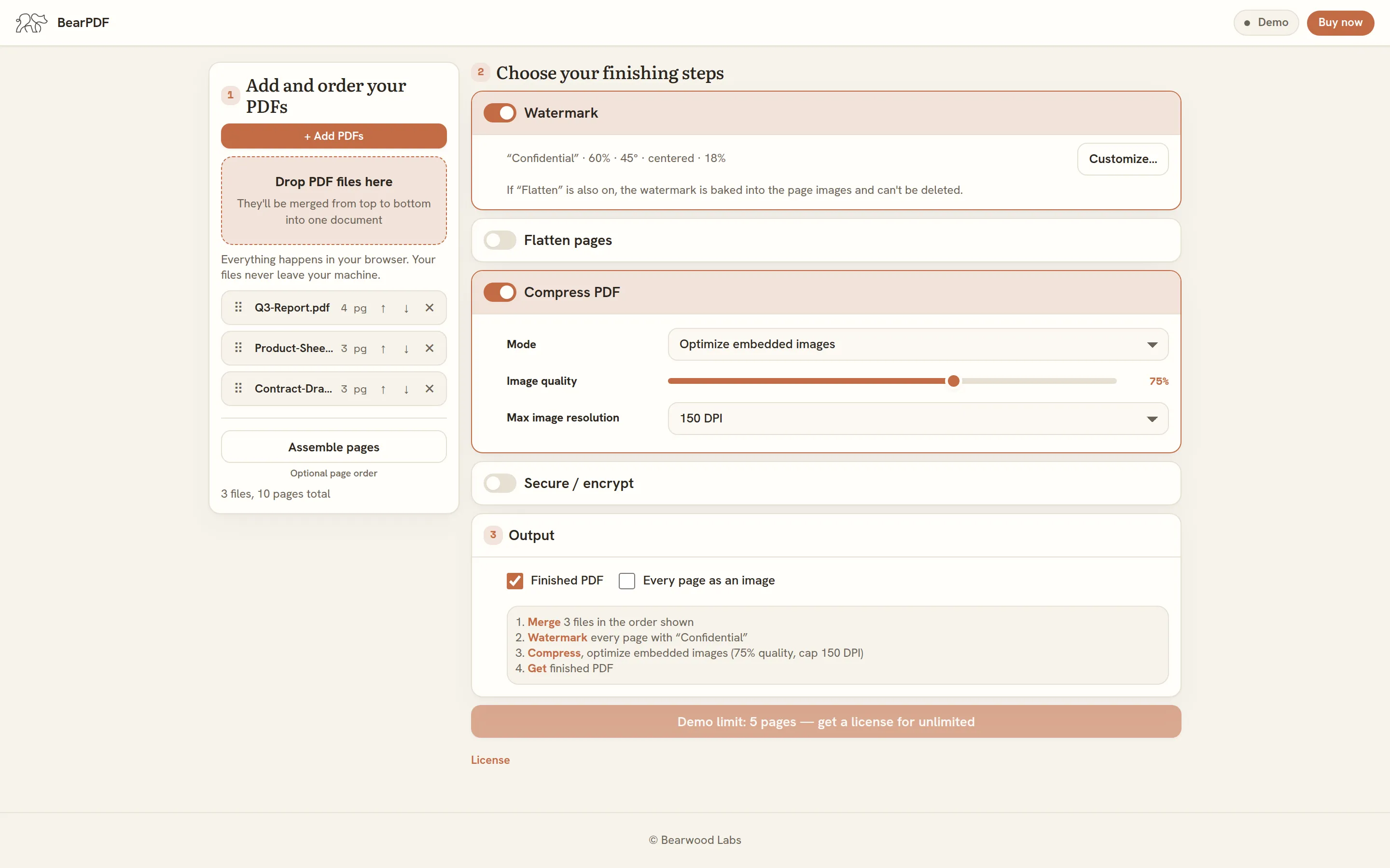 The BearPDF pipeline UI with files added, Watermark and Compress PDF enabled, and a pipeline summary showing Merge, Watermark, and Compress steps.