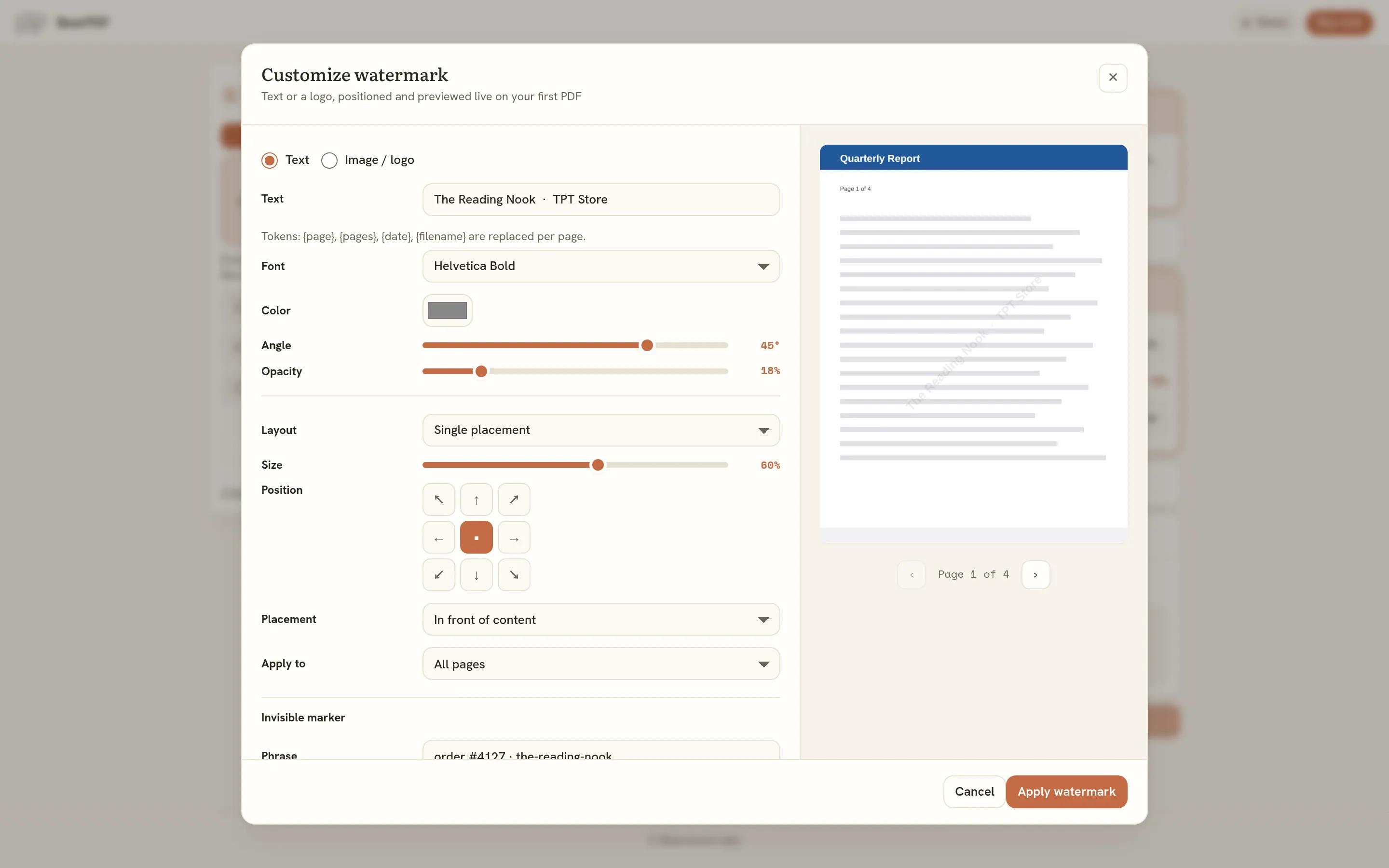 The BearPDF watermark editor, with text, font, color, angle, opacity, layout, position, and an invisible marker field on the left, and a live preview of a page on the right.